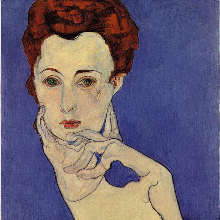 Image similar to portrait of a woman with iris. indigo blue. henri de toulouse - lautrec, egon schiele