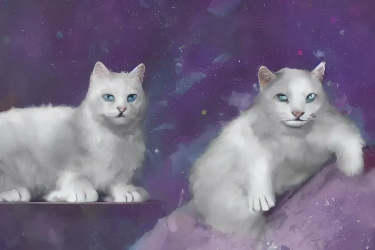 Image similar to concept art, digital art, matte painting, award winning on Artstation by John Romita jr. A white cat sitting. a purple garden on an Exoplanet