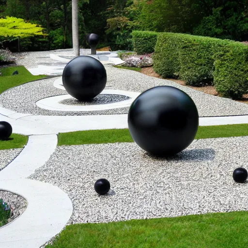 Prompt: : sculpture garden with black spheres carved with white patterns