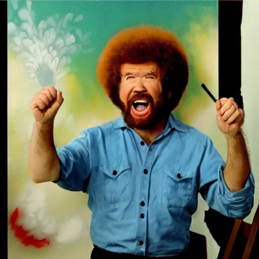 Image similar to bob ross screaming spray paint out of mouth