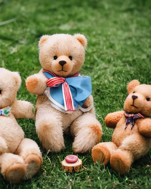 Image similar to high quality presentation photo of teddy bears having a picnic, photography 4k, f1.8 anamorphic, bokeh, 4k, Canon, Nikon