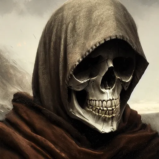 Prompt: a portrait of an hooded man with a skull face, Matte painting , detailed painting, made by Greg Rutkowski, 4k resolution, atmospheric, extremely high detail