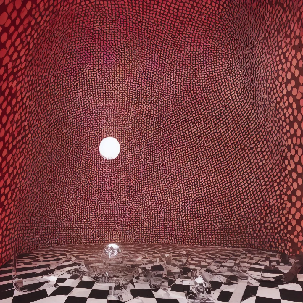 Prompt: a reflective sphere in the center of a room the black lodge, checkerboard tiled floor and red curtains