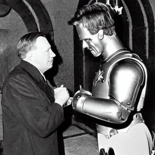 Prompt: hitler knighting schwarzenegger the terminator in a church