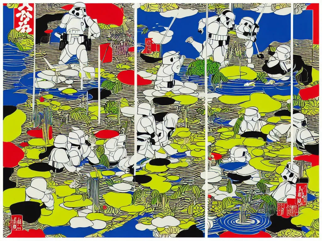 Image similar to detailed composition of the japanese home with a garden and a pond, 2 stormtroopers sitting around it, pop - art style, jacky tsai style, andy warhol style, roy lichtenstein style, rich palette, acrylic on canvas