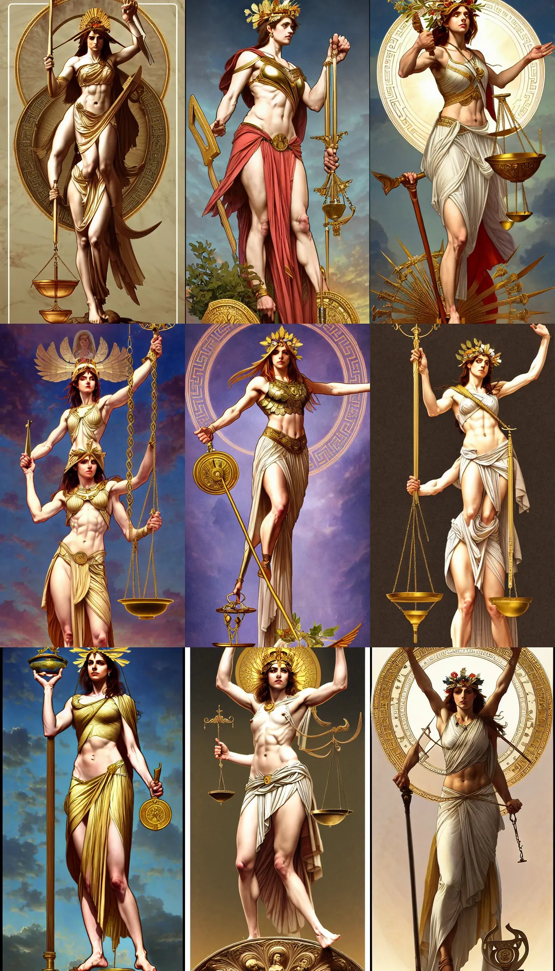 Prompt: a full body portrait of themis the greek goddess, holding the scale of justice!! wearing a laurel wreath, extremely beautiful, precise anatomy, by artgerm and by greg rutkowski and by alphonse mucha and by simon bisley, radiant light, detailed and intricate environment, symmetrical background