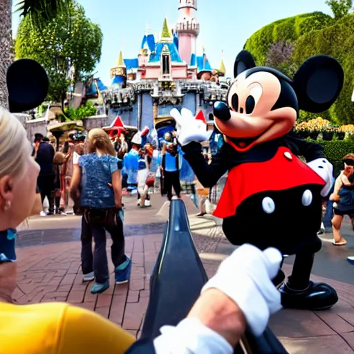 Image similar to mickey mouse gangster attacking tourist in disneyland