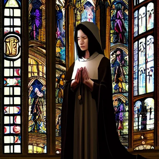 Prompt: a priestess with long black hair, praying for the sun god in a cathedral. Epic fantasy, 8k. Hyperrealistic. Beautiful, gorgeous. Dark.