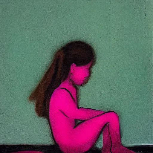 Image similar to sad young girl, sitting against pink wall, emotional, mixed media by francis bacon