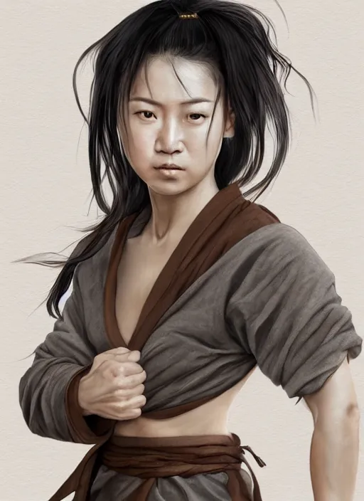 Image similar to portrait of a female drunken master monk exercising by wlop, wuxia, xianxia, drunken boxing, drunken fist, drunken master, dark olive skin, athletic, playful, beautiful, fully clothed, monk's robe, detailed, realistic, anatomically accurate, fantasy illustration, artstation, wlop, 4 k.