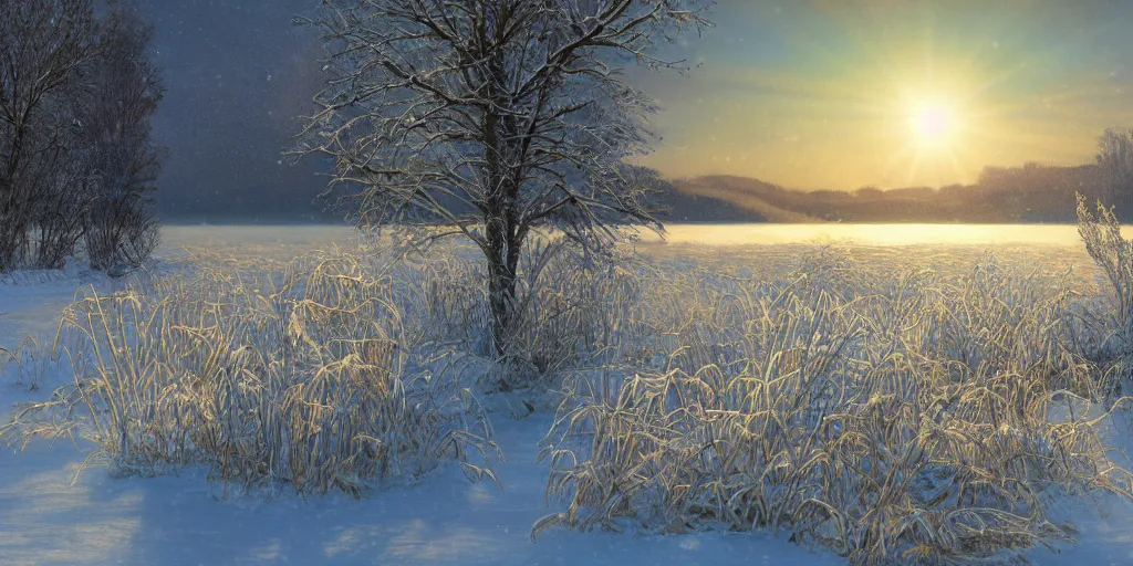 Prompt: a beautiful cold lake landscape in winter, snow, romantic ambiente, no people, tall grown reed on riverbank, no mountains, clear sky, sunshine, colorful, by Mohrbacher and Moebius and Alphonse Mucha and Roger Deakins, cinematic lighting, masterpiece, highly detailed, 8k resolution, trending on art station