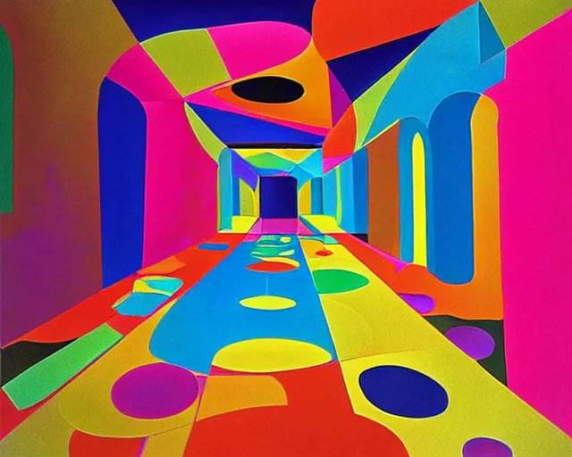 Prompt: Colorful liminal space by Salvador Dali, shiny floors, minimalist, stunning, light and shadows, horror
