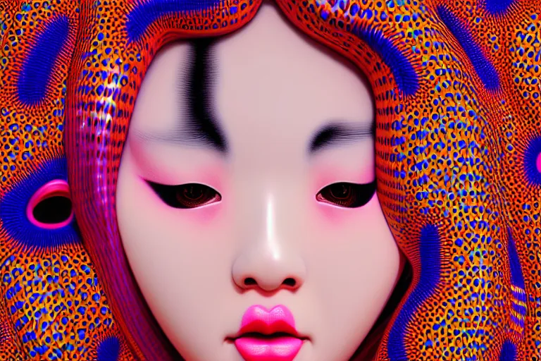 Image similar to hyperrealistic detailed image of a geisha laying in a art installation room, minimal psychedelic background by yayoi kusama, part by kei mieno, part by alex gray, part by ross tran, part by james jean, ultra realistic, highly detailed, life like face, detailed body, 8 k, octane render, trending on artstation, very cohesive, masterpiece