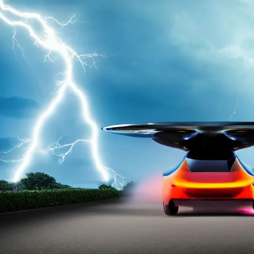 Prompt: futuristic flying car emerging from a portal in the sky made of circular lightning, thunderstorm at night, 28mm dramatic photo