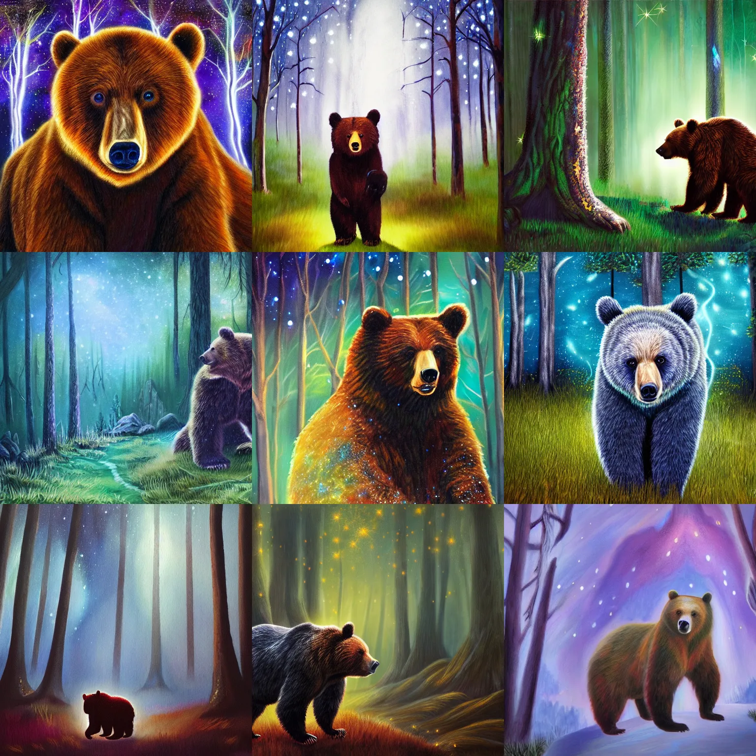 Prompt: fantasy painting of bear with magical marks and glowing magical wisps, dark forest in background