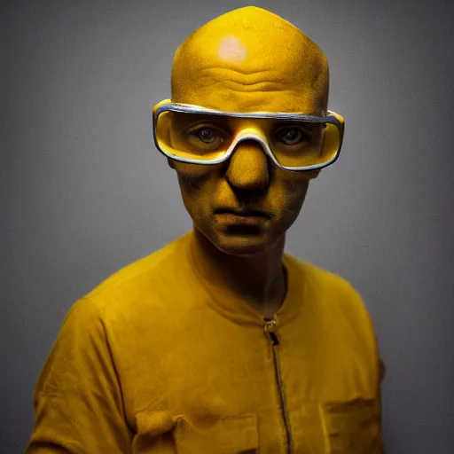 Prompt: portrait photo of a yellow man with yellow skin who is bald with wrinkles and stubble, he wears blue overalls and no shirt, he looks like a human minion, he has big bubbly silver goggle, moody cinematic lighting, realistic facial features, hyper detailed, crisp image, leica, 2 4 mm lens
