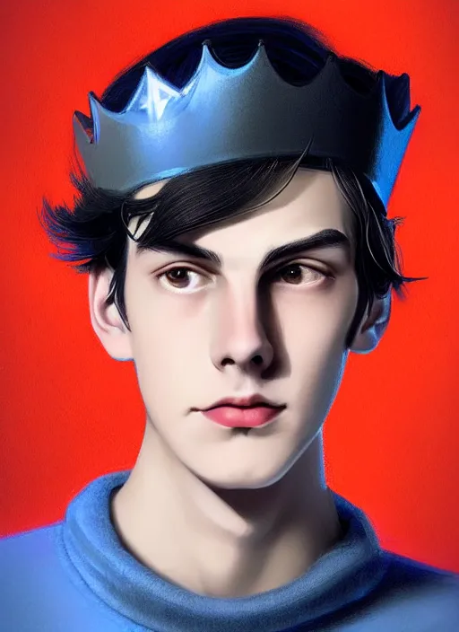 Image similar to portrait of teenage jughead jones wearing a light grey crown, crown, blue turtleneck, 1 9 5 0 s, closed eyes, photorealistic, black hair, glowing lighting, intricate, elegant, glowing lights, highly detailed, digital painting, artstation, concept art, smooth, sharp focus, illustration, art by wlop, mars ravelo and greg rutkowski