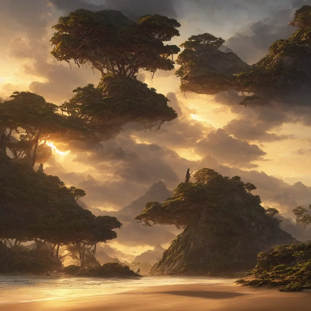 Image similar to beautiful hyper realistic island scenery at sunset, sand, tropical plants, albumcover, beautiful painting by greg rutkowski, ross tran, wlop, set in lord of the rings, starcraft, atmosphere, ethereal, magic, amazing, positive vibes