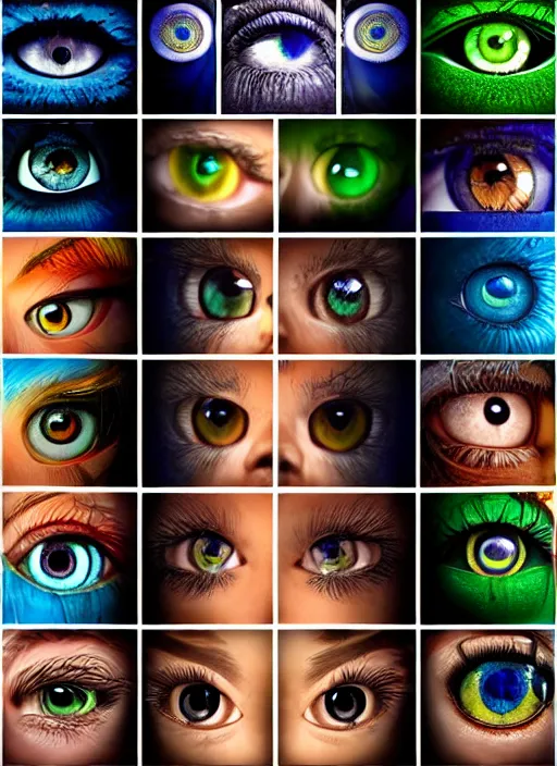 Prompt: grid montage of cube shaped eyes, cube shaped dilated pupils, cubic irises, detailed colored textures, eyelashes, advanced art, art styles mix, from wikipedia, wet reflections in cube eyes, sunshine light, hd macro photograph, from side, various eyelid positions