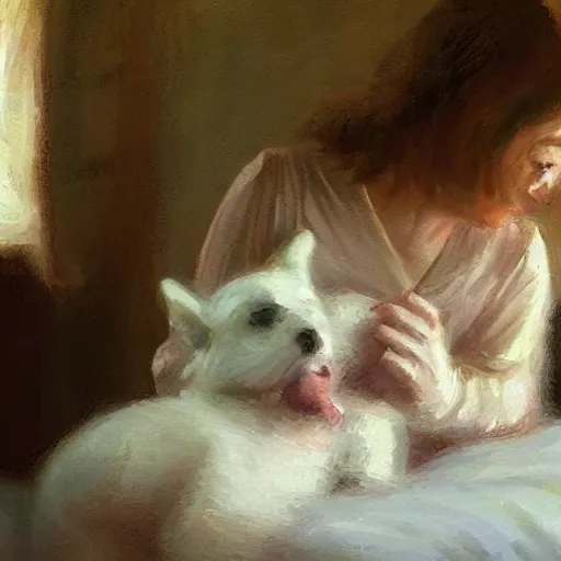 Prompt: An impressionist paining of a small white dog waking up a 22 year old girl from sleep. Morning light in room. Clumsy room. Long shot. Highly Detailed. Cute. Happy.