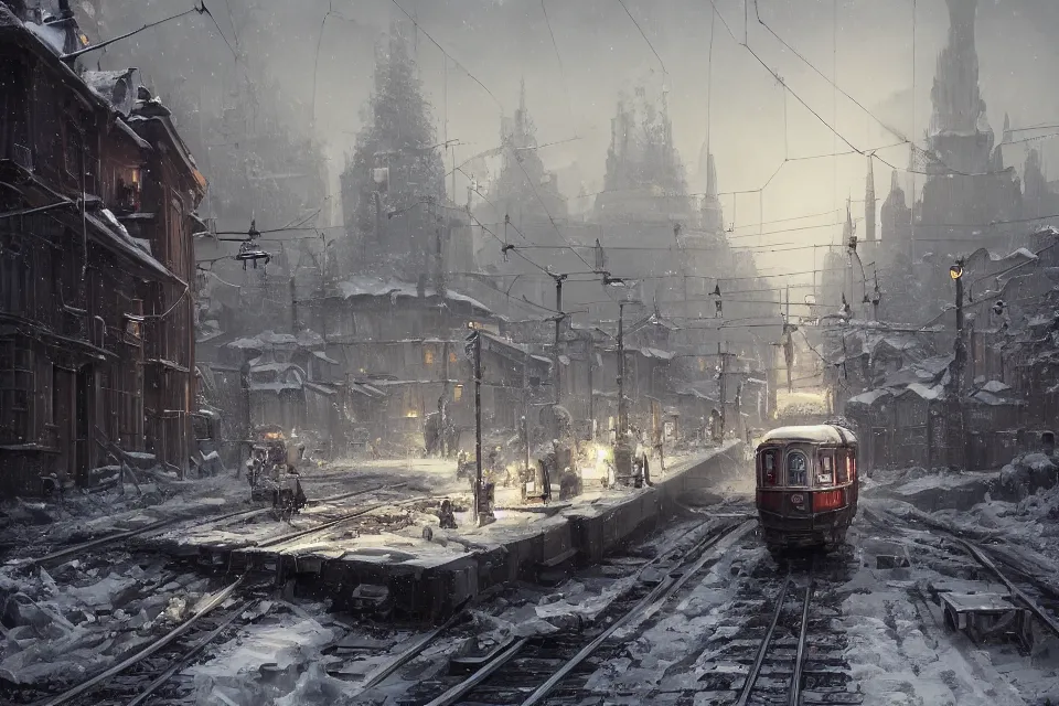 Image similar to highly detailed painting of dieselpunk stockholm, winter, snow, tram on rail tracks, dystopia, by greg rutkowski, by raphael lacoste, 4 k resolution, trending on artstation