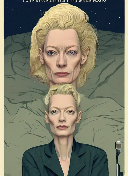 Image similar to Twin Peaks poster artwork by Michael Whelan, Bob Larkin and Tomer Hanuka, Karol Bak of portrait of radio host Tilda Swinton!!!!!!!!!! lounging in her radio sound booth, alone, late at night, from scene from Twin Peaks, simple illustration, domestic, nostalgic, from scene from Twin Peaks, clean, cover of New Yorker magazine