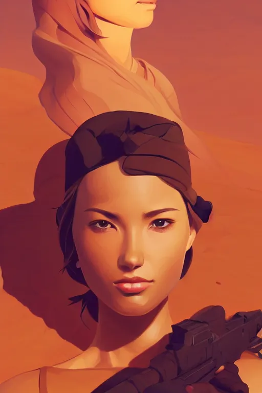 Image similar to desert soldier, smooth face, centered, solid bacgkround, median photoshop filter cutout vector behance, hd by artgerm, jesper ejsing, by rhads, makoto shinkai and lois van baarle, ilya kuvshinov, rossdraws, illustration, art by ilya kuvshinov and gustav klimt