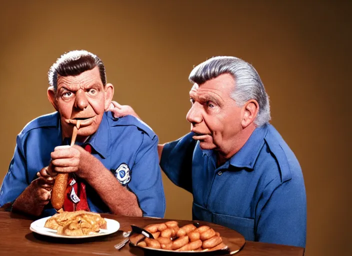 Prompt: photo still of andy griffith as matlock at shoneys!!!!!!!! at age 6 6 years old 6 6 years of age!!!!!!!! enjoying sausage, 8 k, 8 5 mm f 1. 8, studio lighting, rim light, right side key light