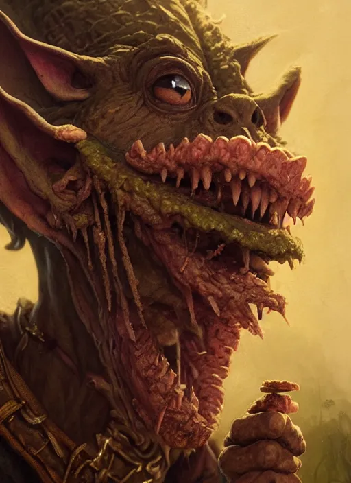 Image similar to highly detailed closeup portrait of a medieval goblin eating cookies, stephen bliss, unreal engine, greg rutkowski, ilya kuvshinov, ross draws, hyung tae and frank frazetta, tom bagshaw, tom whalen, nicoletta ceccoli, mark ryden, earl norem, global illumination, god rays, detailed and intricate environment