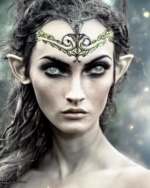Image similar to photorealistic head and shoulders photo of beautiful victorian female ornate fantasy greek elf spartan warrior goddess, megan fox, wind blown hair, seductive, confident, Neil Blevins, Frank frazetta, arney freytag, Ritu Kumar, Sabyasachi Mukherjee, Annie Leibowitz, Magic the gathering,octane, bokeh, 8k, fashion pose, cinematic, 28mm