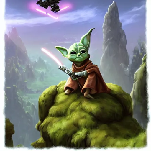 Image similar to an extremely cute (baby yoda) sitting on lichen covered ancient boulders and singing songs and has a tea party, in the far background up in the sky an outline of Darth Vader's TIE fighter approaches, mischievous, inquisitive, devious, hilarious, funny, by Tyler Edlin