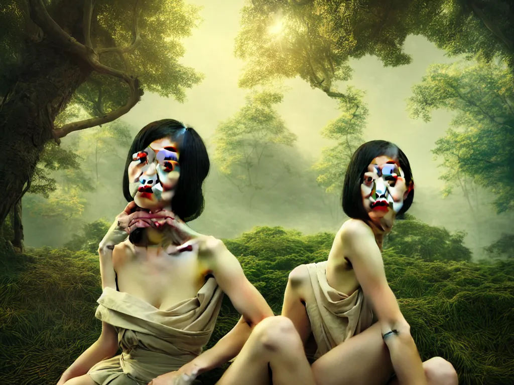 Prompt: innovative avant-garde art, deco fashion, asian women, highly detailed, photorealistic portrait, serene forest setting, crisp quality and light reflections, octane render