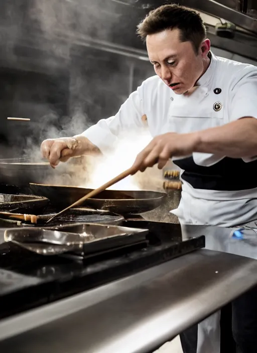 Image similar to a 2 8 mm macro photo from the back of a yakitori chef elon musk cooking in a commercial kitchen, splash art, movie still, bokeh, canon 5 0 mm, cinematic lighting, dramatic, film, photography, golden hour, depth of field, award - winning, anamorphic lens flare, 8 k, hyper detailed, 3 5 mm film grain