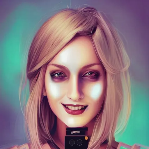 Image similar to android robot woman face painting, looking straight to camera, blond hair, muted colors, matte print, pastel colors, ornate, digital art, cute smile, winning artwork, digital painting, professional art, elegant, by Ilya Kuvshinov, by artgerm