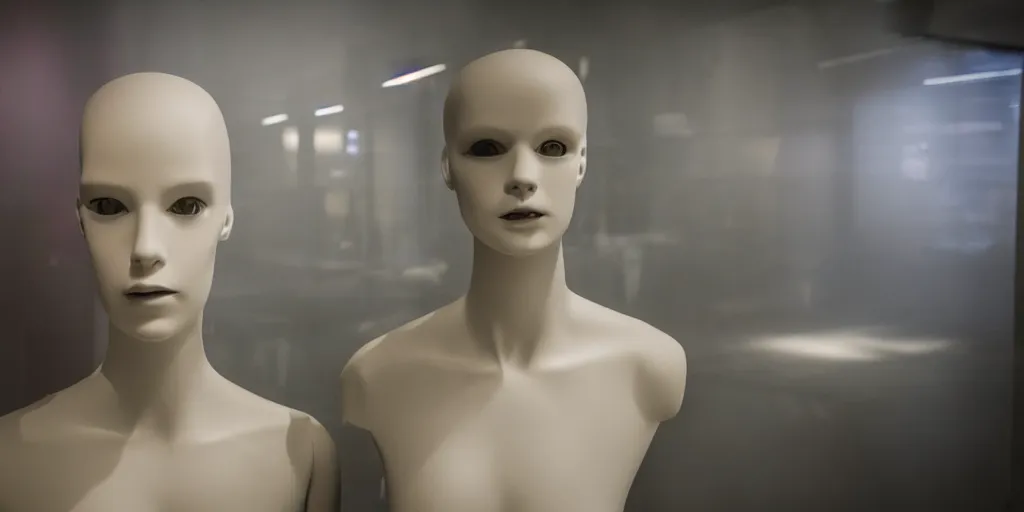 Image similar to a horror movie still in a mall of a mannequin, its face is painfully coming to life and is half alive, half of the body is plastic the other half is flesh, the background is misty, cinematic still, 4 k, dramatic, eerie, cinema lighting, low light, realistic