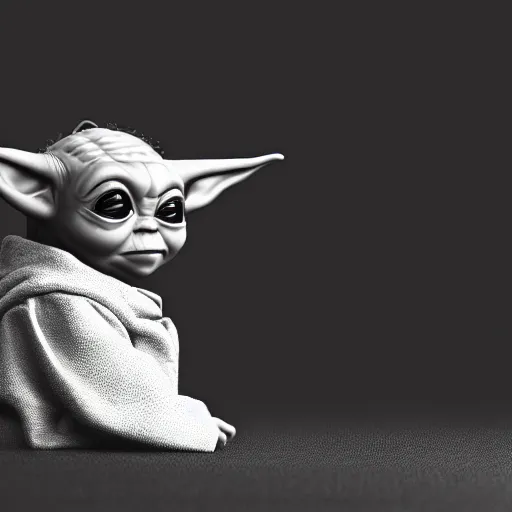 Image similar to profile shot of Baby Yoda with black background, strong bokeh, dramatic, cinematic, high contrast, octane render, 4k