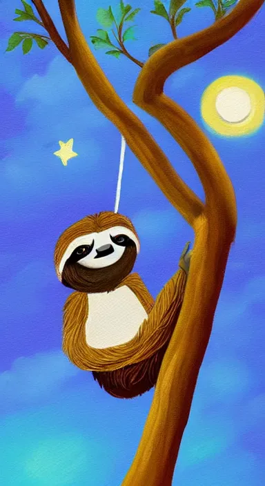 Image similar to a cute sloth hanging on a tree on a beautiful night with stars, everything made of thick flowing dramatic brush strokes, impressionist, matte colors, trending on artstation
