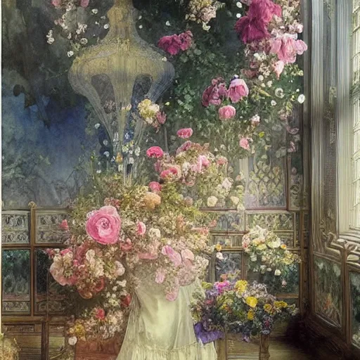 Prompt: a beautifull intricate watercolour painting of a victorian room with many flowers, reflexions, verry high details by william turner art, greg rutkowski and alphonse mucha, trending on artstation, very very detailed, masterpiece,