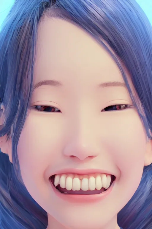 Image similar to a painting of cute Asian girl smiling, flowing hair, in the style of Pixar animation, low angle view, 16mm lens, award winning, hyper detailed, dramatic lighting, artstation, octane renderer, unreal engine