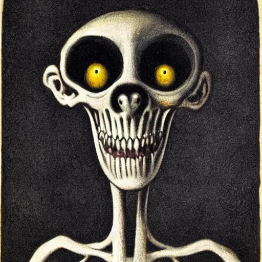 Image similar to humanoid with crooked teeth, two black eyes, long open black mouth, alien looking, big forehead, horrifying, killer, creepy, photo turning slightly yellow, dead, looking straight forward, realistic, slightly red, long neck, boney, monster, tall, skinny, skullish, deathly, in the style of alfred kubin