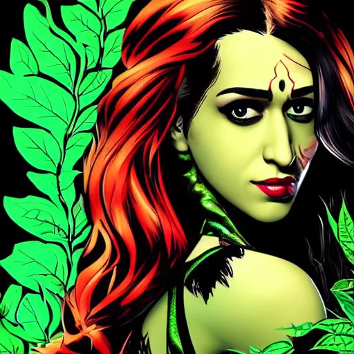 Prompt: Portrait of Shraddha Kapoor as Poison Ivy from Batman comics movie in style of Roy Lichtenstein, detailed face 8k, UHD