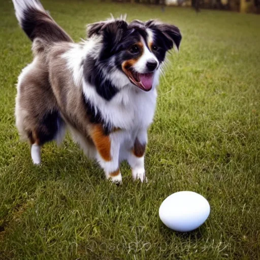 Prompt: photo of an Australian Shepherd balancing an egg on their head, award winning photography