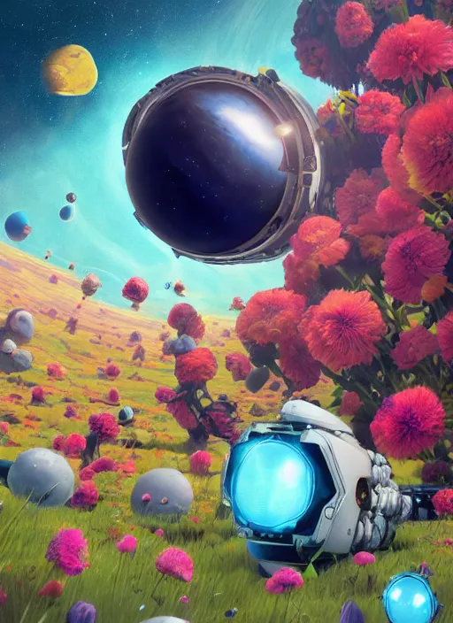 Image similar to An epic fantastic realism comic book style astroneer painting of the most beautiful flowers launched into space, bouquets, solar eclipse, fisheye, unreal 5, DAZ, hyperrealistic, octane render, dynamic lighting