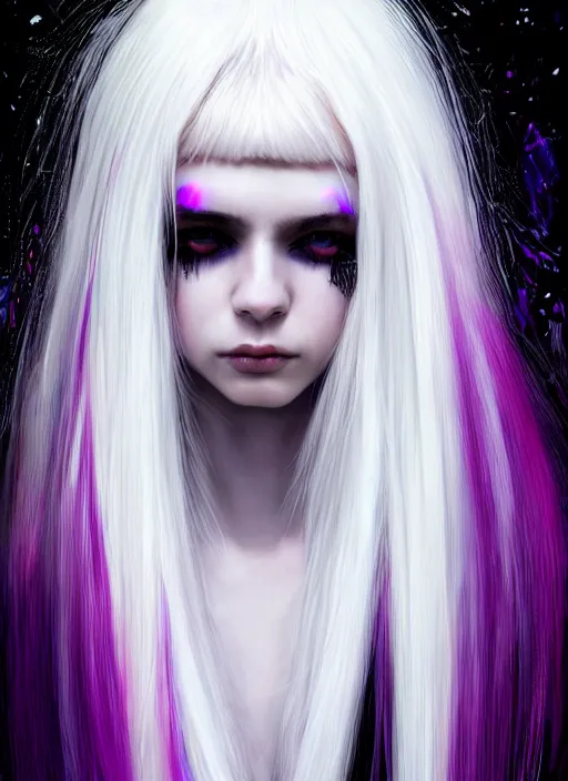 Image similar to hair whitebangs hair, black cyberlox, portrait of teenage girl with white bangs, whitebangsblackhair, messy bangs, cyberlox, whitebangs, red irises, purple clothes, intricate, elegant, glowing lights, highly detailed, digital painting, artstation, concept art, sharp focus, illustration, art by wlop, mars ravelo and greg rutkowski