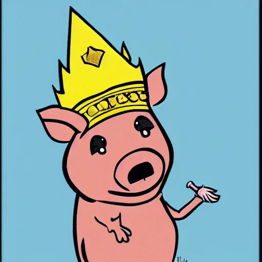 Image similar to concept sketch of a pig wearing a gold crown 1940s cartoon, super realistic, 8k