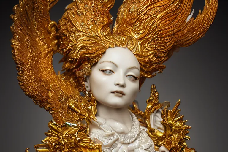 Prompt: a closeup photo - real delicate ceramic porcelain sculpture of an ornate detailed phoenix goddess in front of an intricate background by rafael, micro detail, backlit lighting, subsurface scattering, translucent, thin porcelain, emerald, jade, octane renderer, colorful, physically based rendering, trending on cgsociety