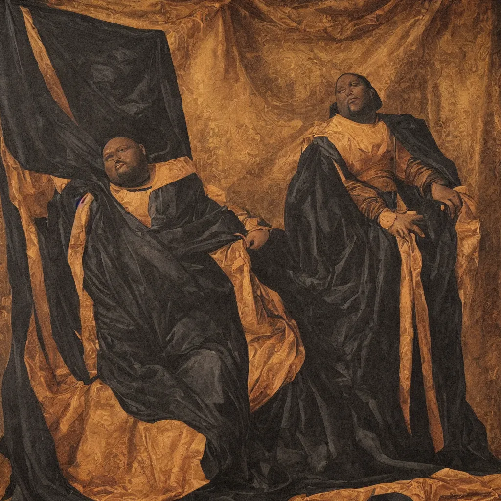 Image similar to Large black man sitting on throne wrapped in silk, background made of large folding curtains, dimly lit, dark, renaissance painting, style of carrivagio