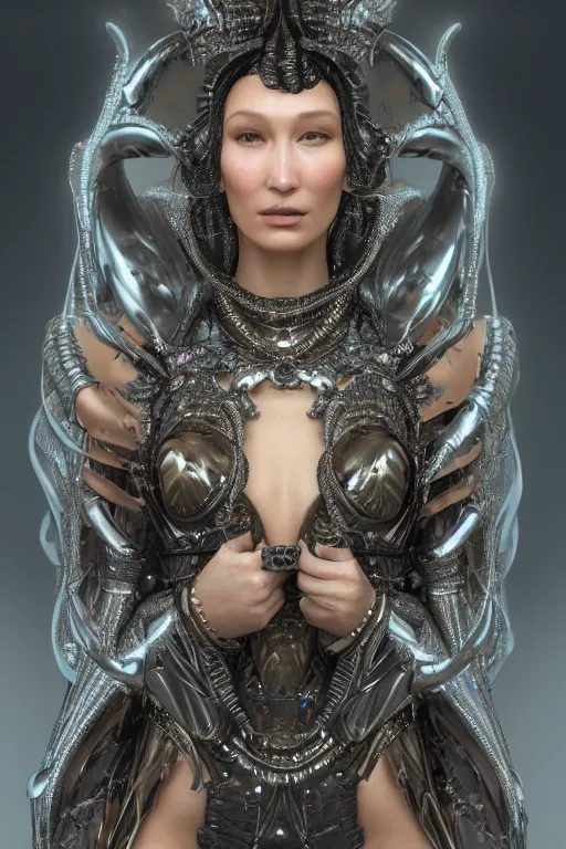 Image similar to a highly detailed medium shot 8 k render portrait of an alien goddess bella hadid in iris van herpen dress schiaparelli armor in diamonds and lots of jewelry in style of alphonse mucha trending on artstation made in unreal engine 4