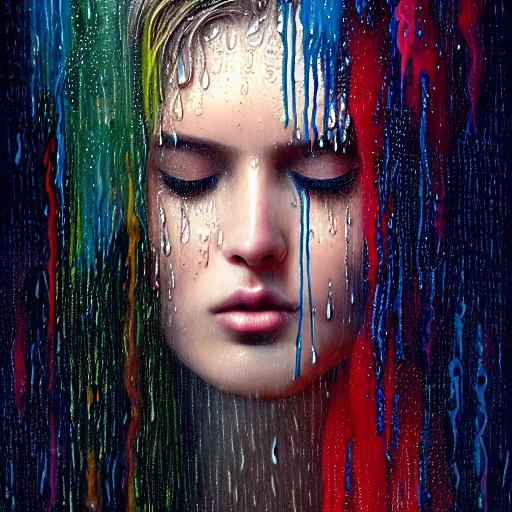 Prompt: dramatic asthetic portrait of revelation in uniquely colored rain with wet hair and face, liquid drops, epiphany, bliss, fantasy, intricate, elegant, dramatic lighting, highly detailed, lifelike, photorealistic, digital painting, artstation, concept art, smooth, sharp focus, illustration, art by John Collier and Albert Aublet and Krenz Cushart and Artem Demura and Alphonse Mucha