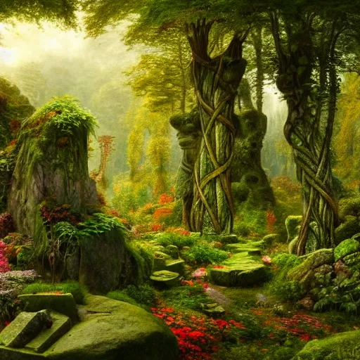 Image similar to a beautiful and highly detailed matte painting of a lush garden in a beautiful forest, carved celtic stone runes, psychedelic colors, intricate details, epic scale, insanely complex, hyperdetailed, artstation, cgsociety, 8 k, sharp focus, hyperrealism, by caspar friedrich, albert bierstadt, james gurney, brian froud,